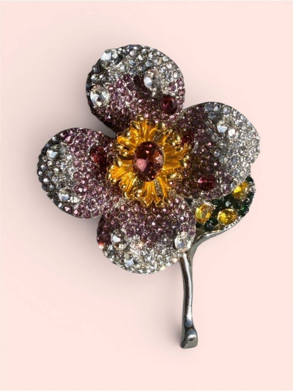 NWT Sparkling Floral Crystal Brooch Pink, Yellow & Clear Beautiful